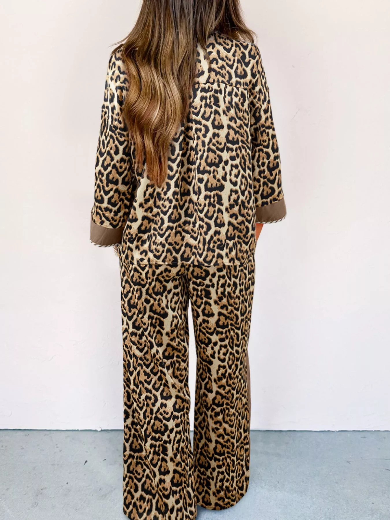 Leopard Collared 3/4 Sleeve Shirt and Loose Pants Two Piece Outfit Set - Image 2