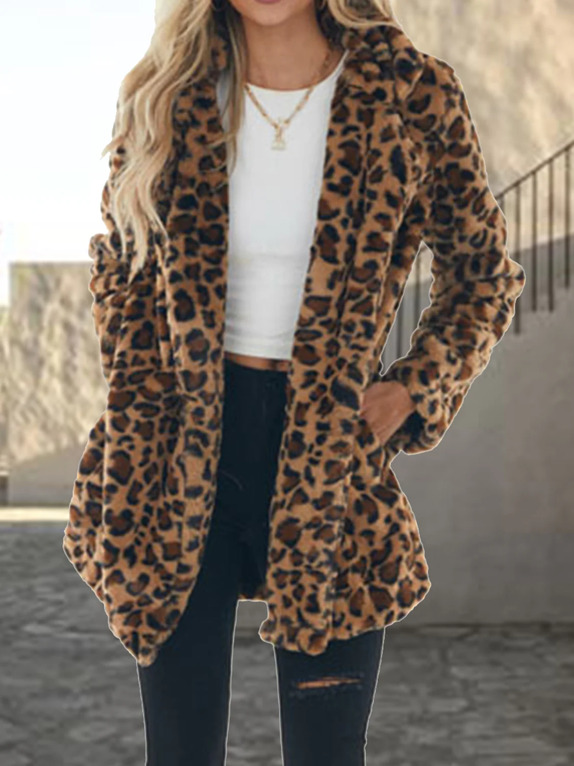 Leopard Collared Neck Coat with Pockets - Image 3