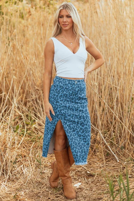 Leopard Denim Frayed Hem Midi Skirt - Image 23