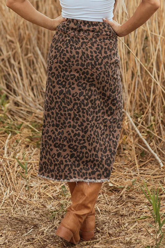Leopard Denim Frayed Hem Midi Skirt - Image 2
