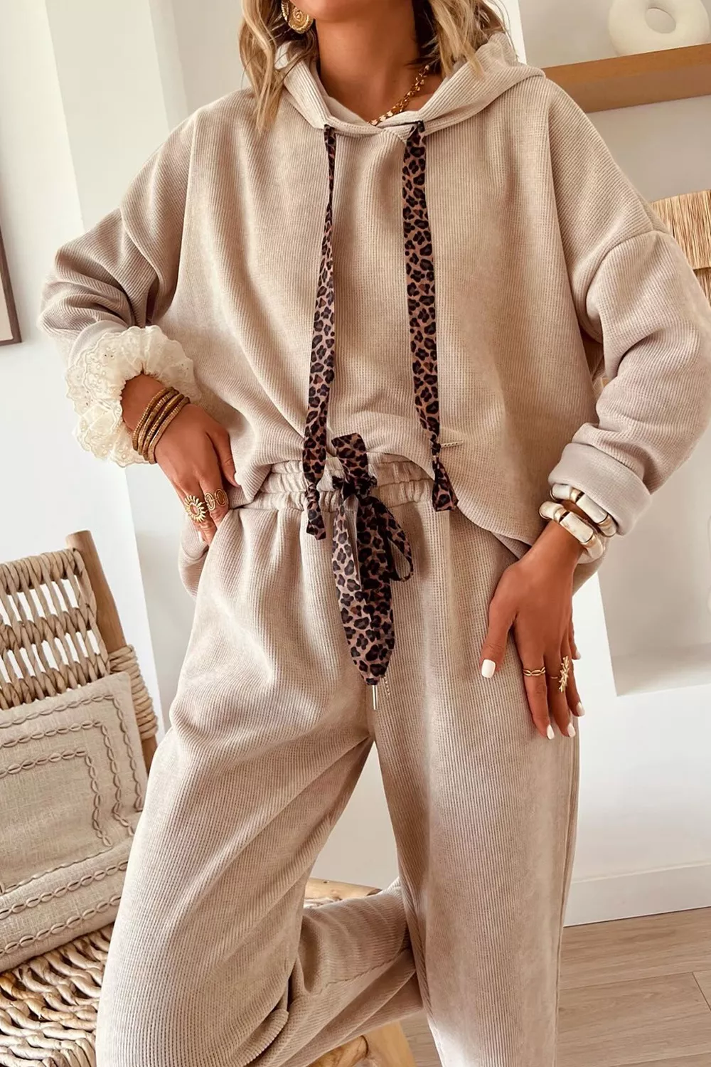 Leopard Drawstring Hoodie and Pants Set
