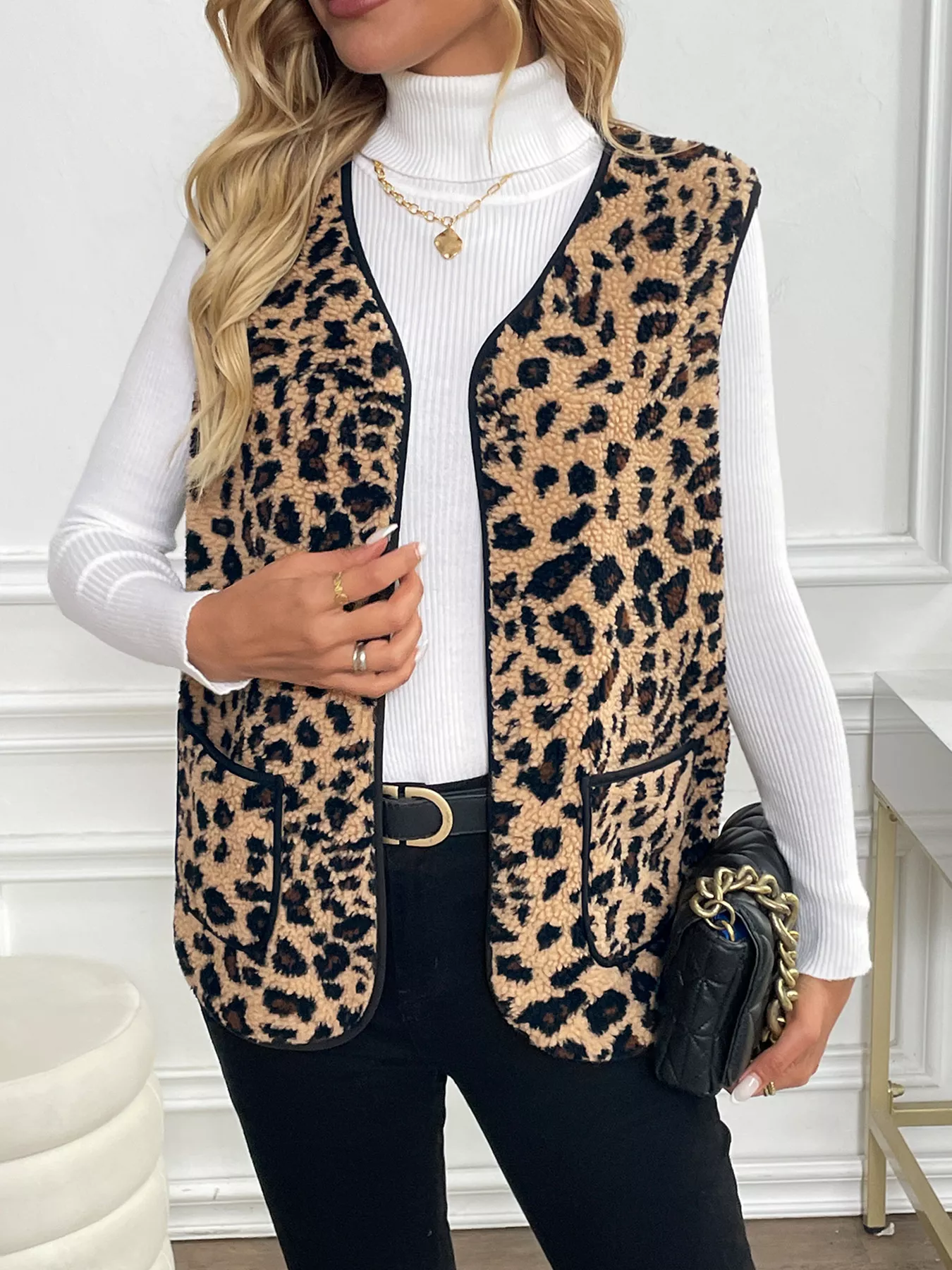 Leopard Fleece Vest Coat with Pockets - Image 3