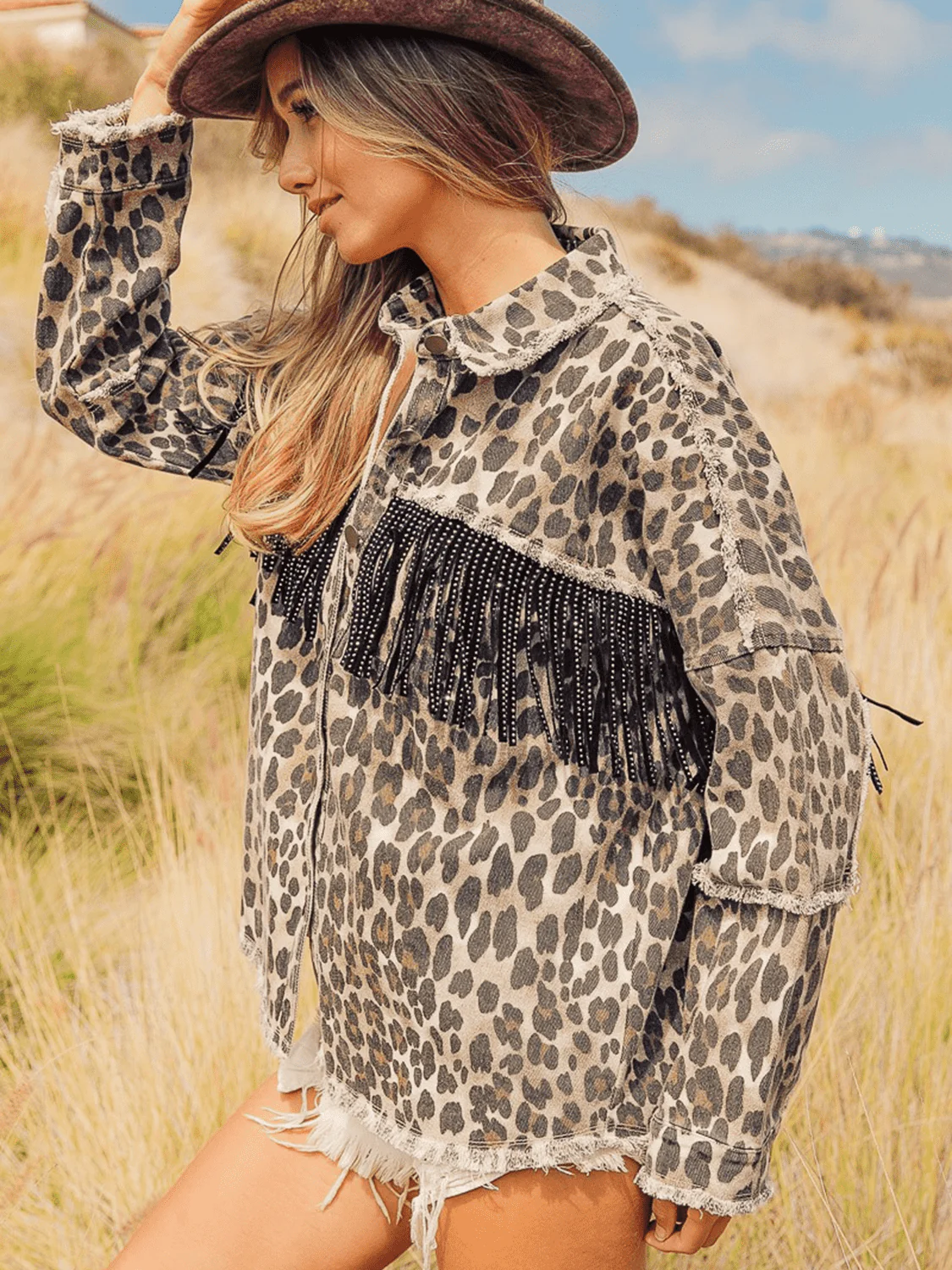 Leopard Fringe Detail Collared Neck Denim Jacket - Image 3