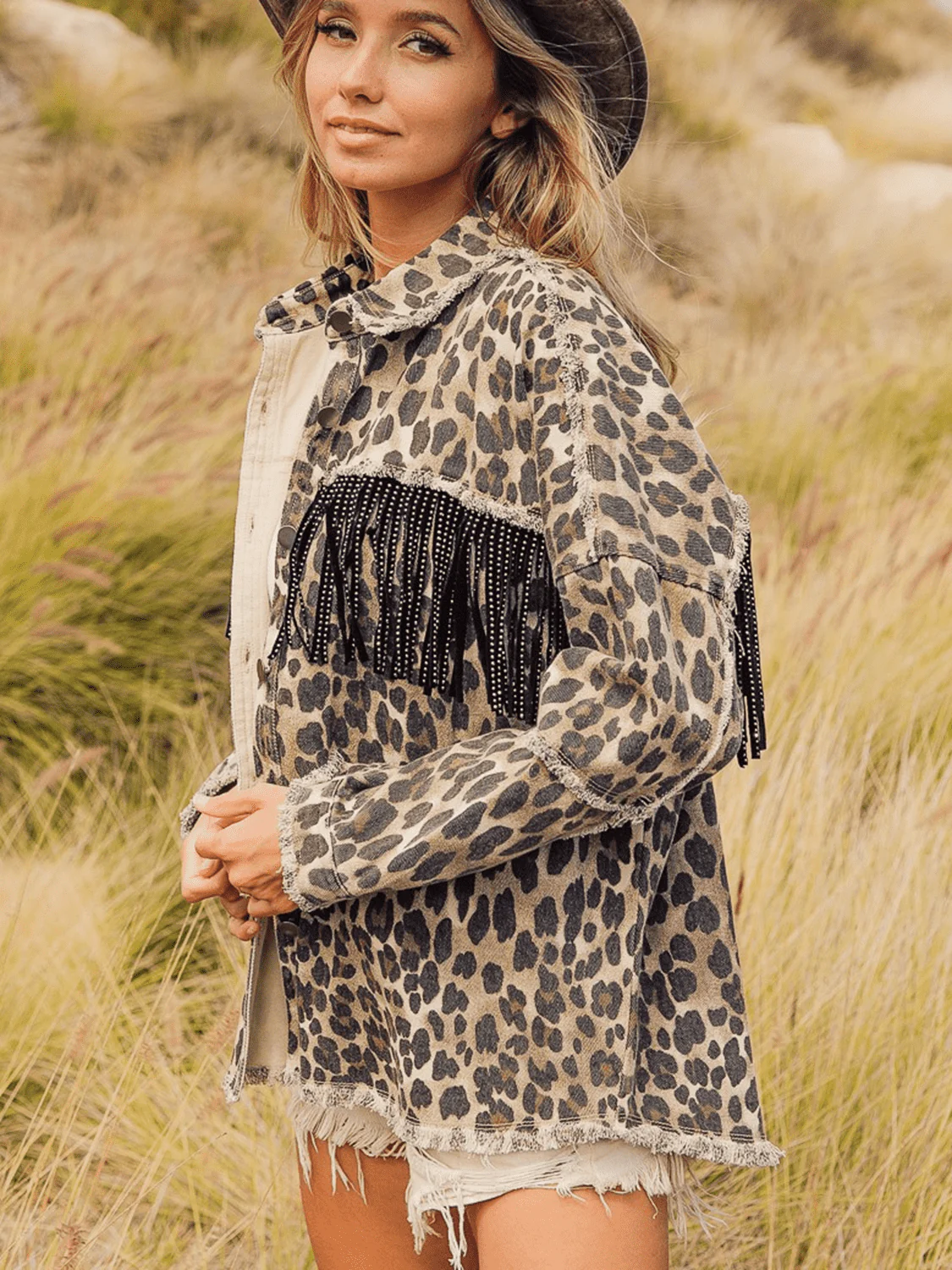 Leopard Fringe Detail Collared Neck Denim Jacket - Image 4