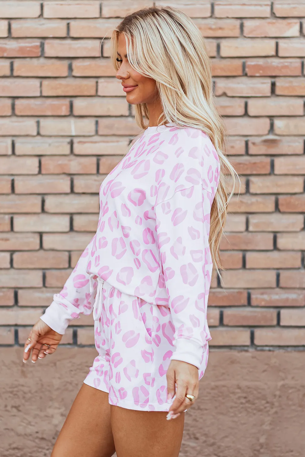 Leopard Long Sleeve Top and Drawstring Shorts Lounge Set - Image 3