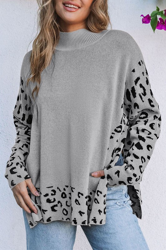 Leopard Mock Neck Side Slit Sweater - Image 10