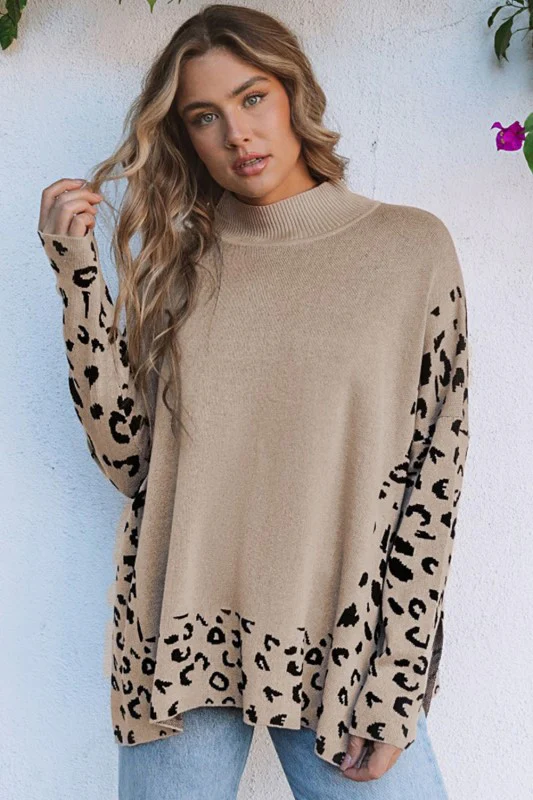 Leopard Mock Neck Side Slit Sweater - Image 3