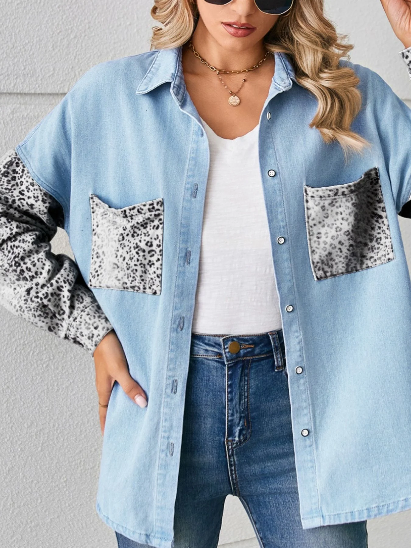 Leopard Patchwork Button Up Denim Shirt - Image 5