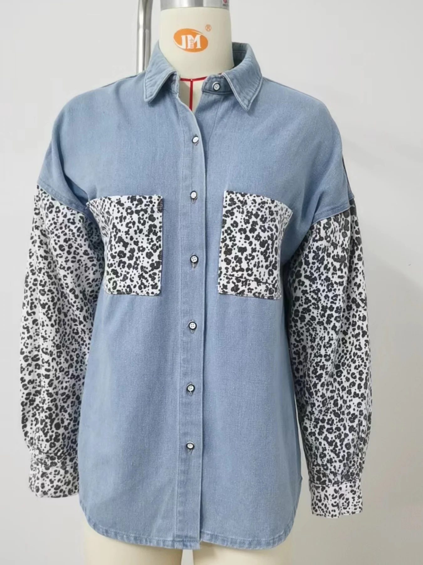 Leopard Patchwork Button Up Denim Shirt - Image 6