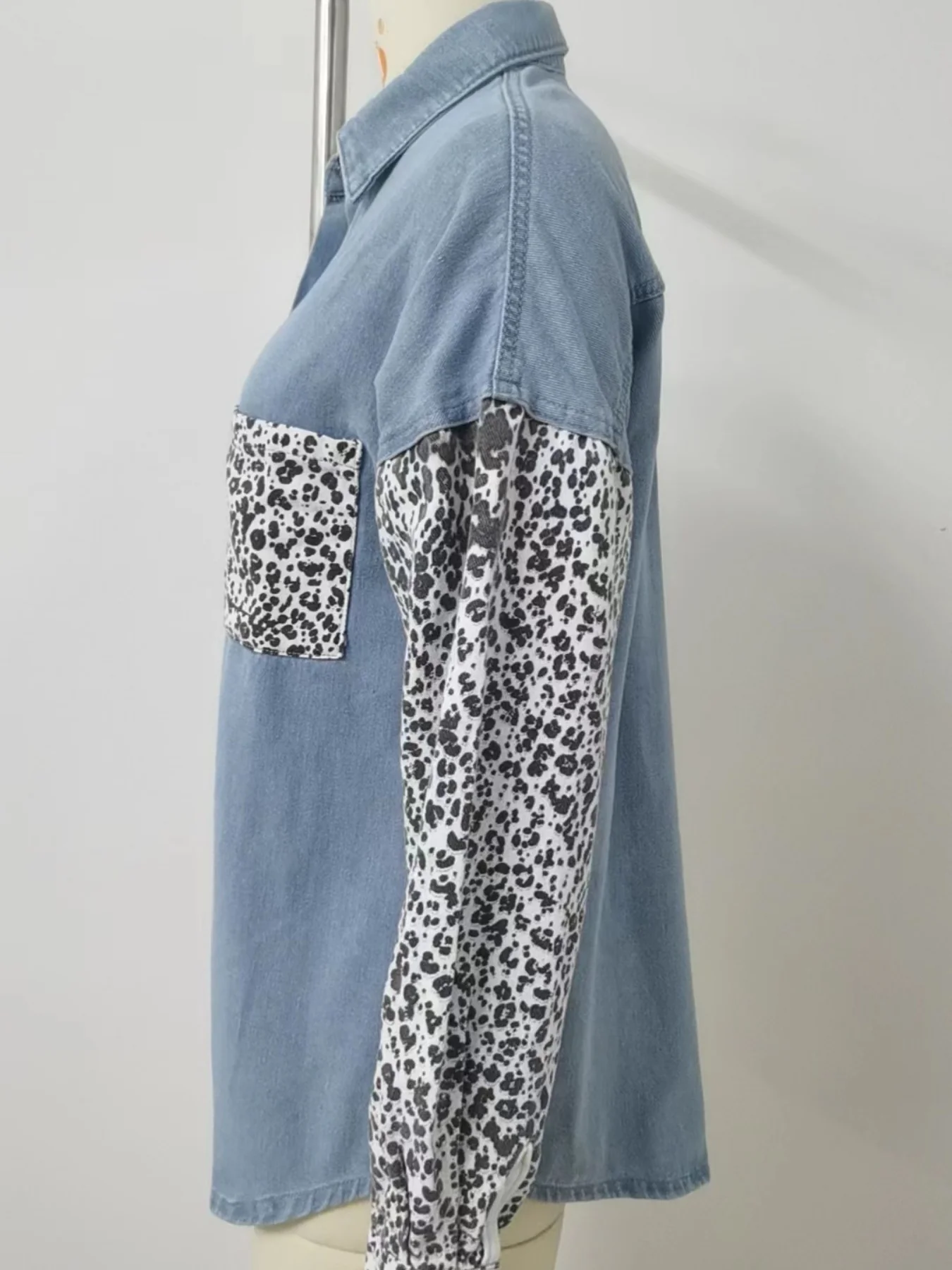 Leopard Patchwork Button Up Denim Shirt - Image 8