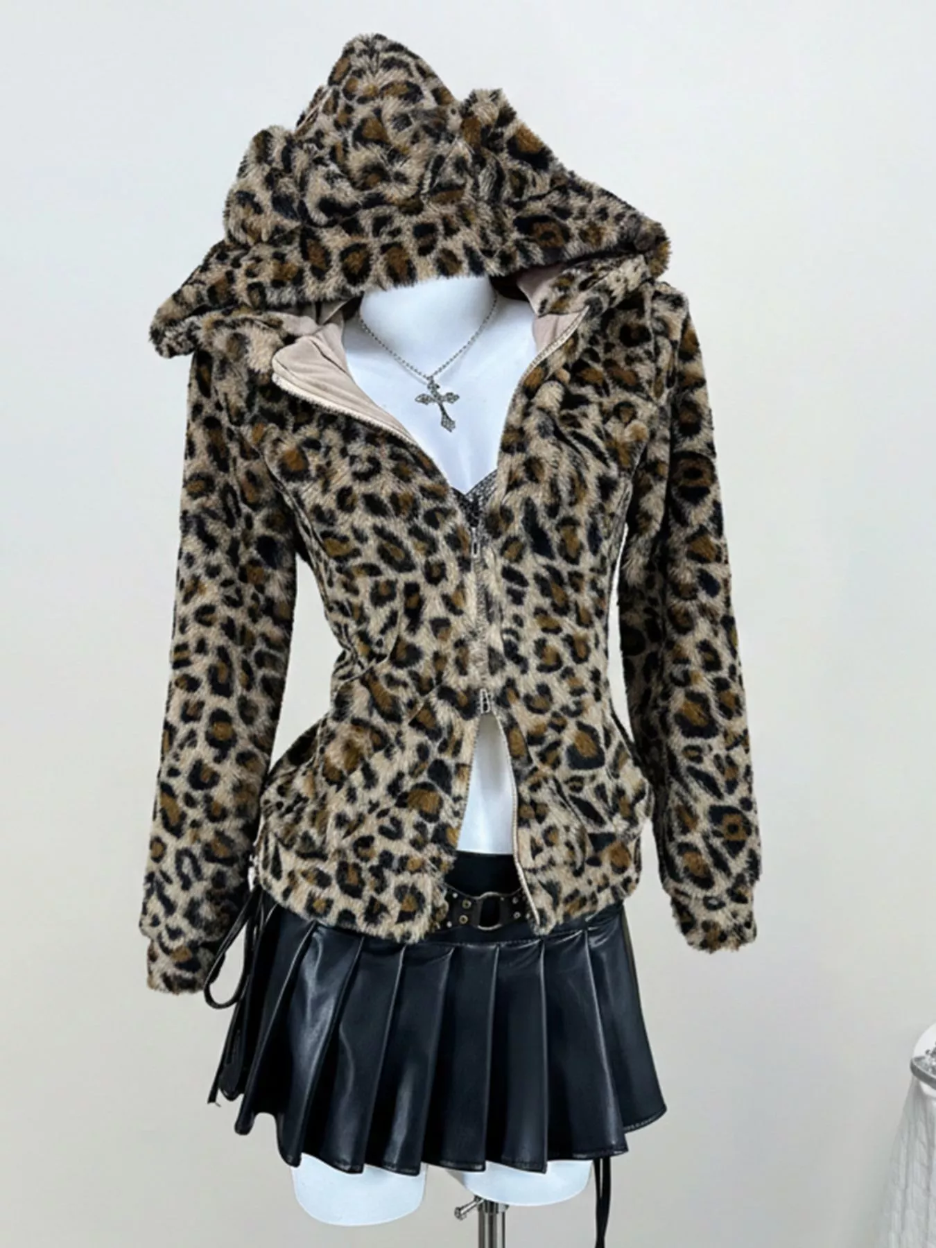 Leopard Plush Zip-Up Hooded Outerwear - Image 3