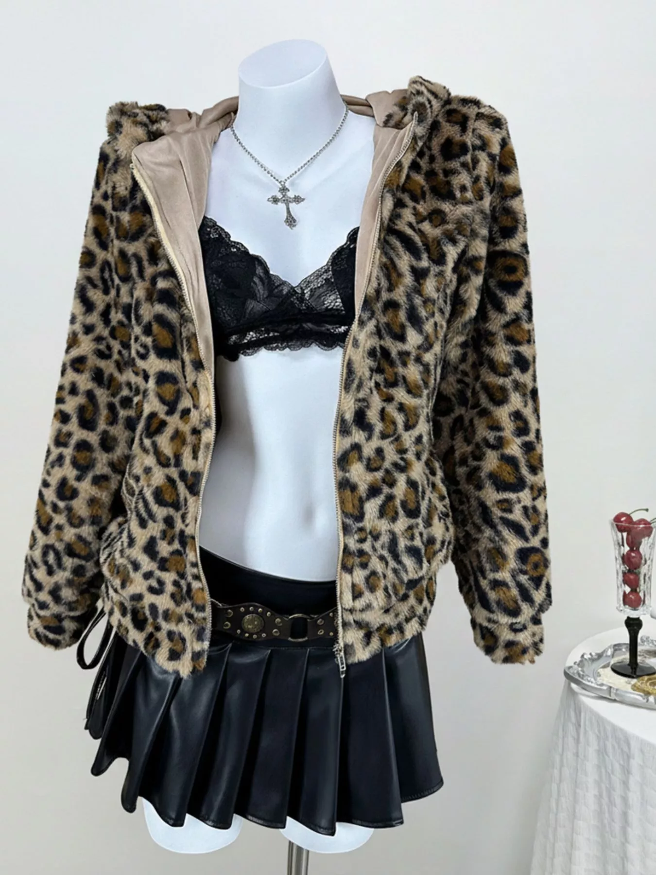 Leopard Plush Zip-Up Hooded Outerwear - Image 4
