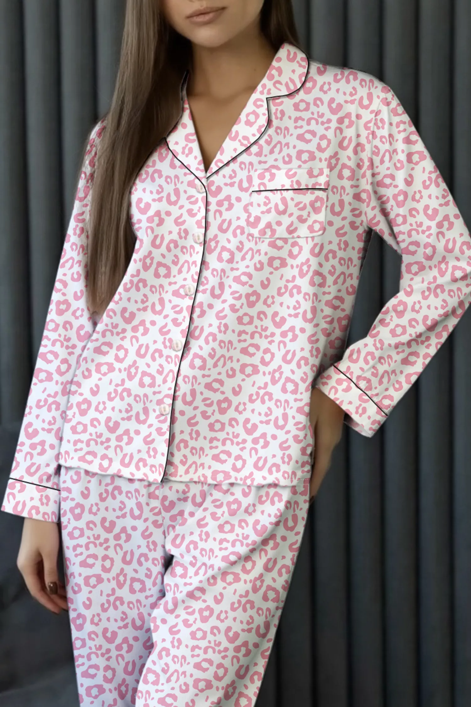 Leopard Print Button Up Top and Pants 2cps Pajama Set - Image 12