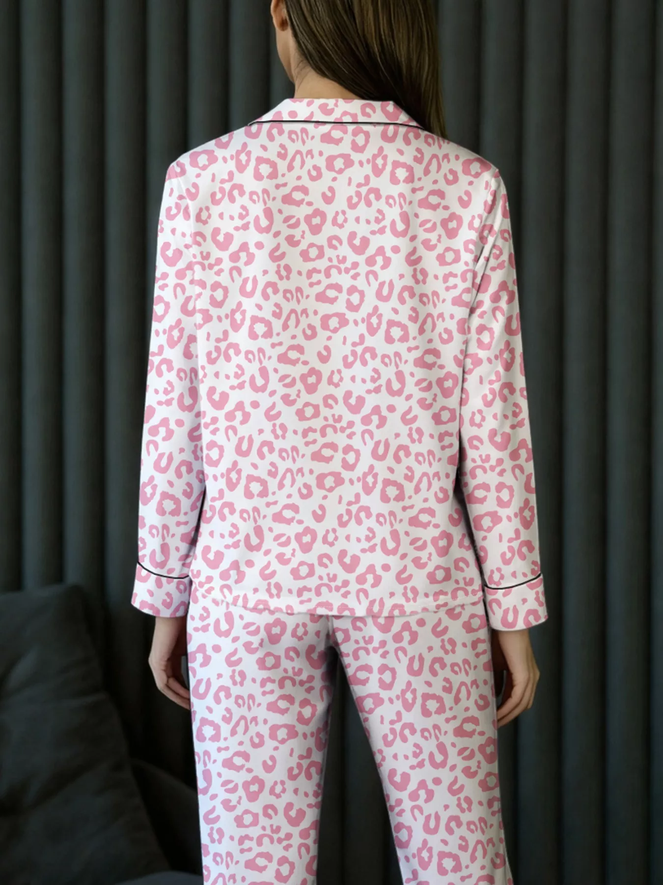 Leopard Print Button Up Top and Pants 2cps Pajama Set - Image 2