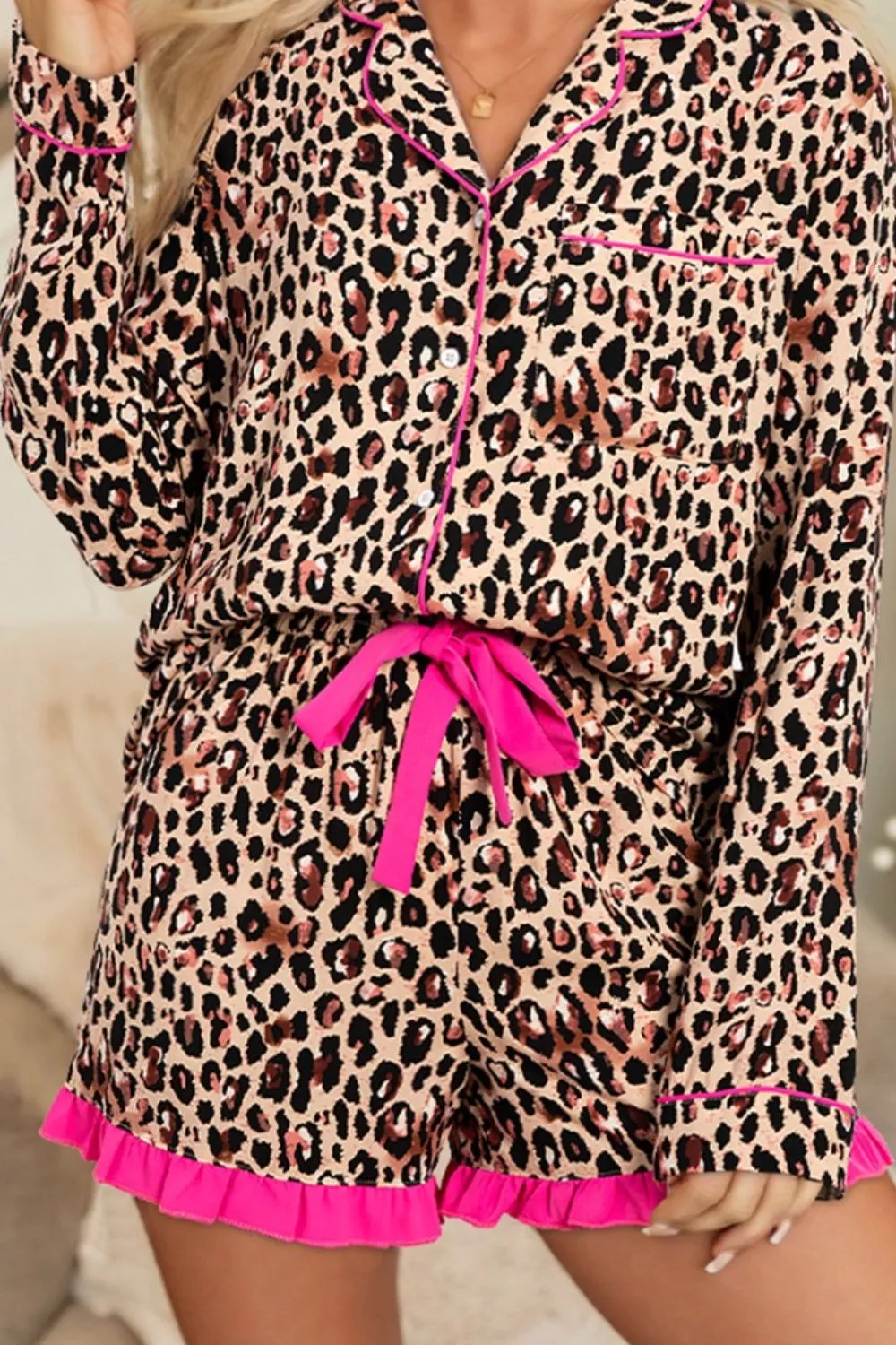 Leopard Print Contrast Trim Long Sleeve Shirt and Drawstring Ruffle Hem Shorts Set - Image 3