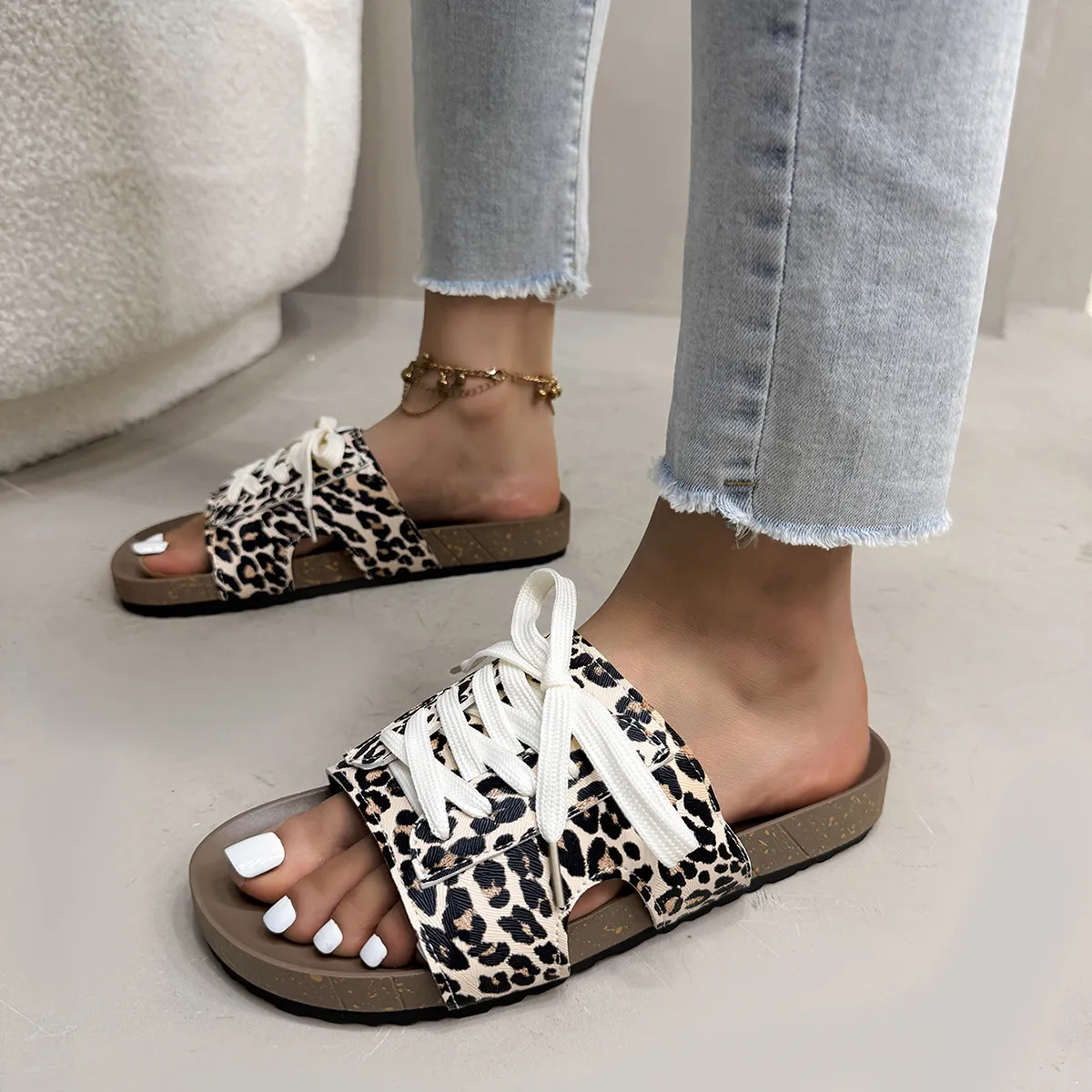 Leopard Print Open Toe Lace-up Sandals - Image 3
