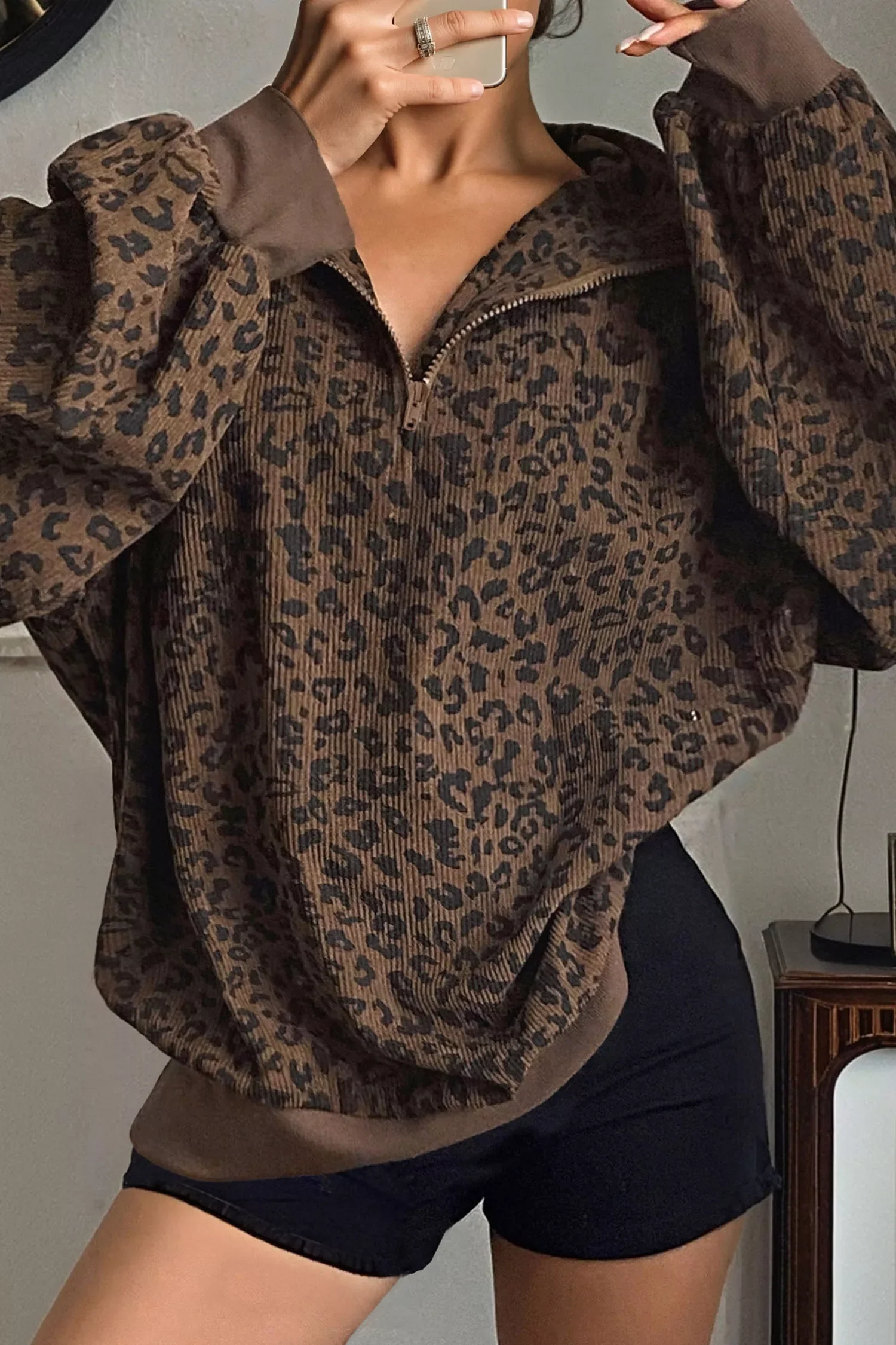 Leopard Print Quarter Zip Corduroy Sweatshirt