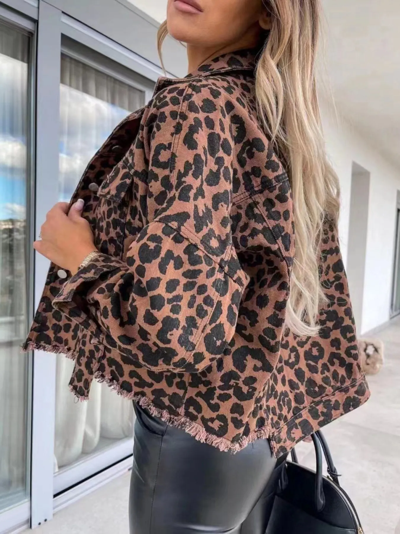 Leopard Print Raw Hem Denim Jacket - Image 2