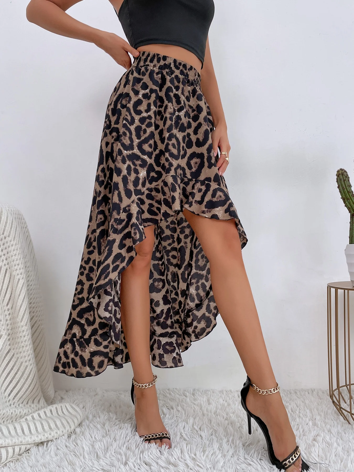 Leopard Print Ruffle Hem High-Low Skirt - Image 3