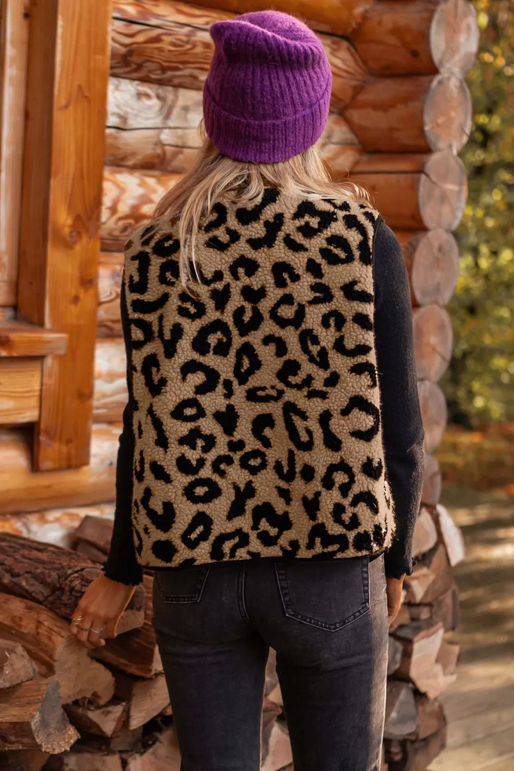 Leopard Print Sherpa Fleece Vest Coat - Image 2