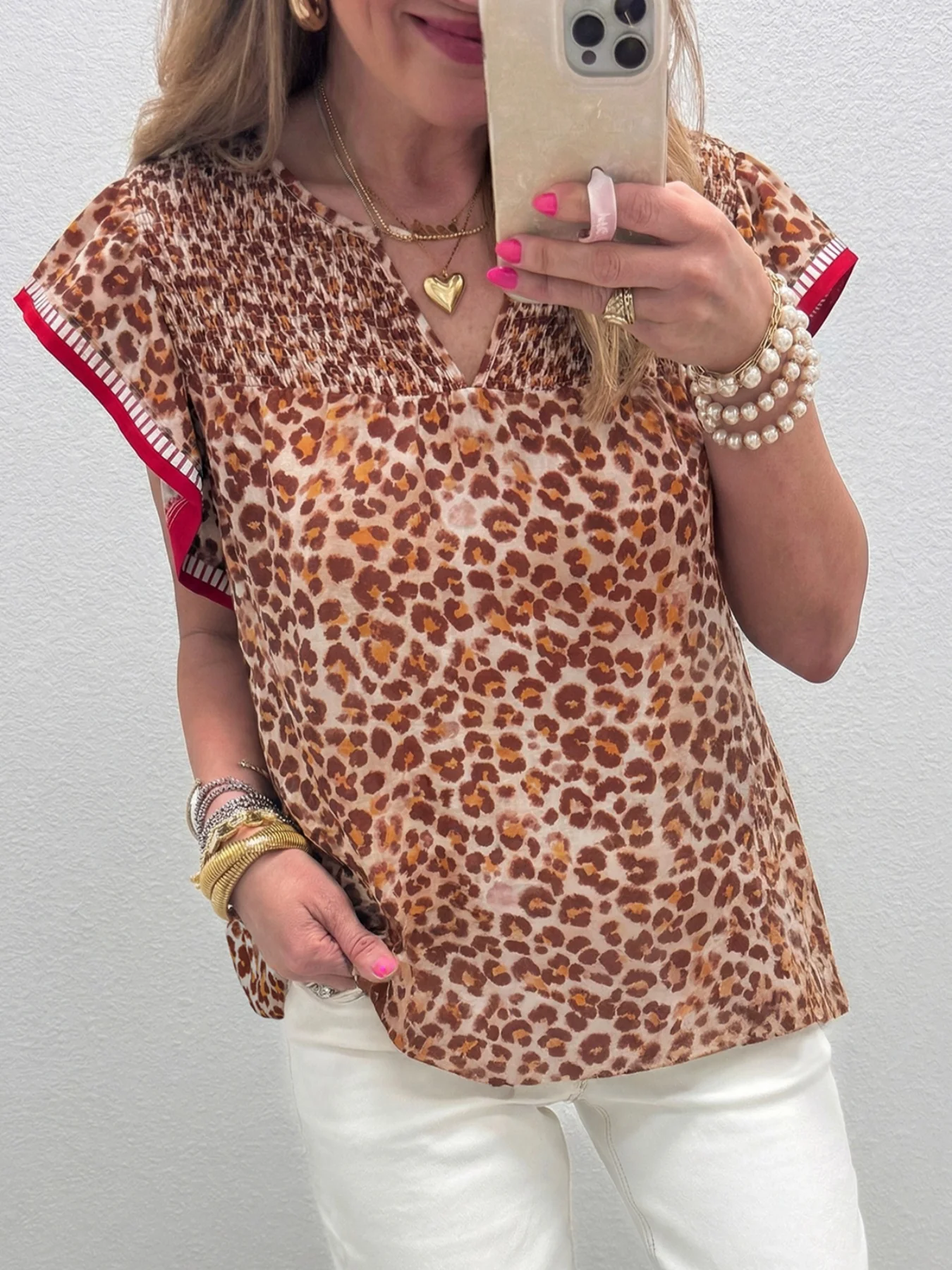 Leopard Print Smocked Notched Blouse - Image 2