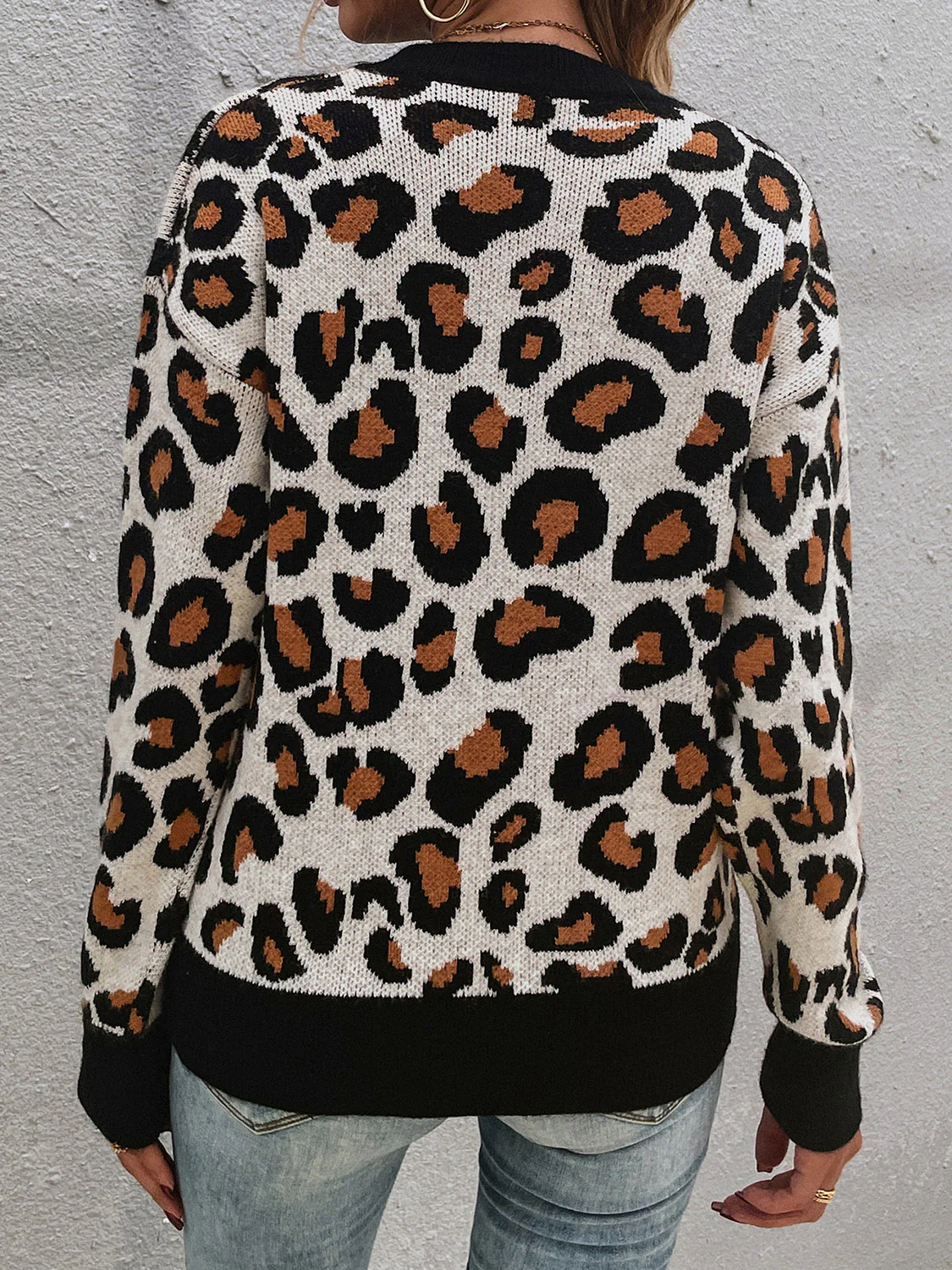 Leopard Round Neck Dropped Shoulder Sweater - Image 4