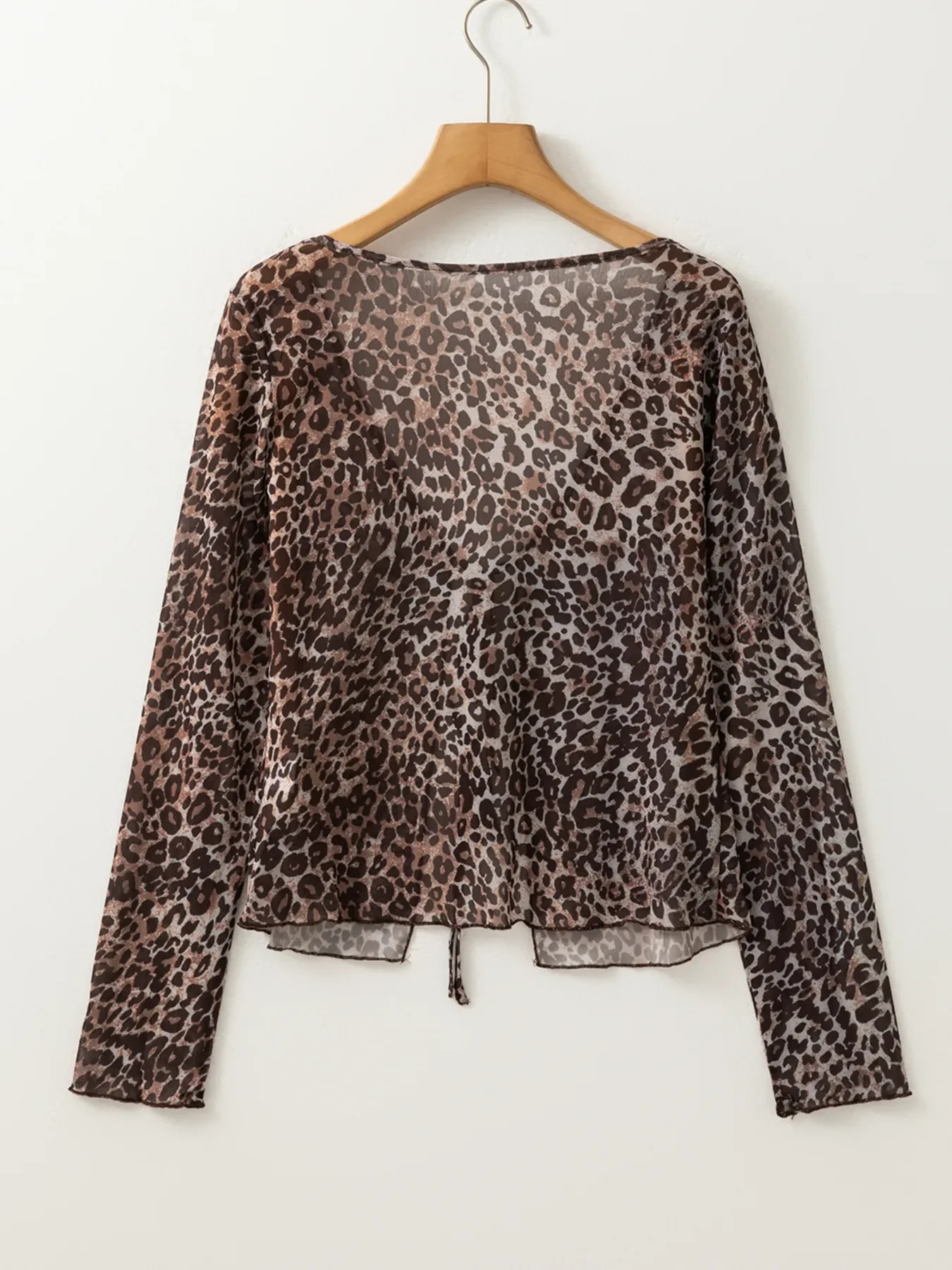 Leopard Sheer Mesh Long Sleeve V Neck Lace-Up Blouse - Image 9
