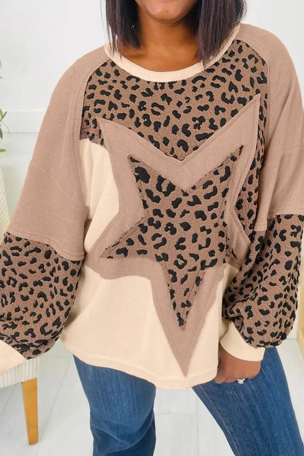 Leopard Star Patchwork Round Neck Sweatshirt - Image 3