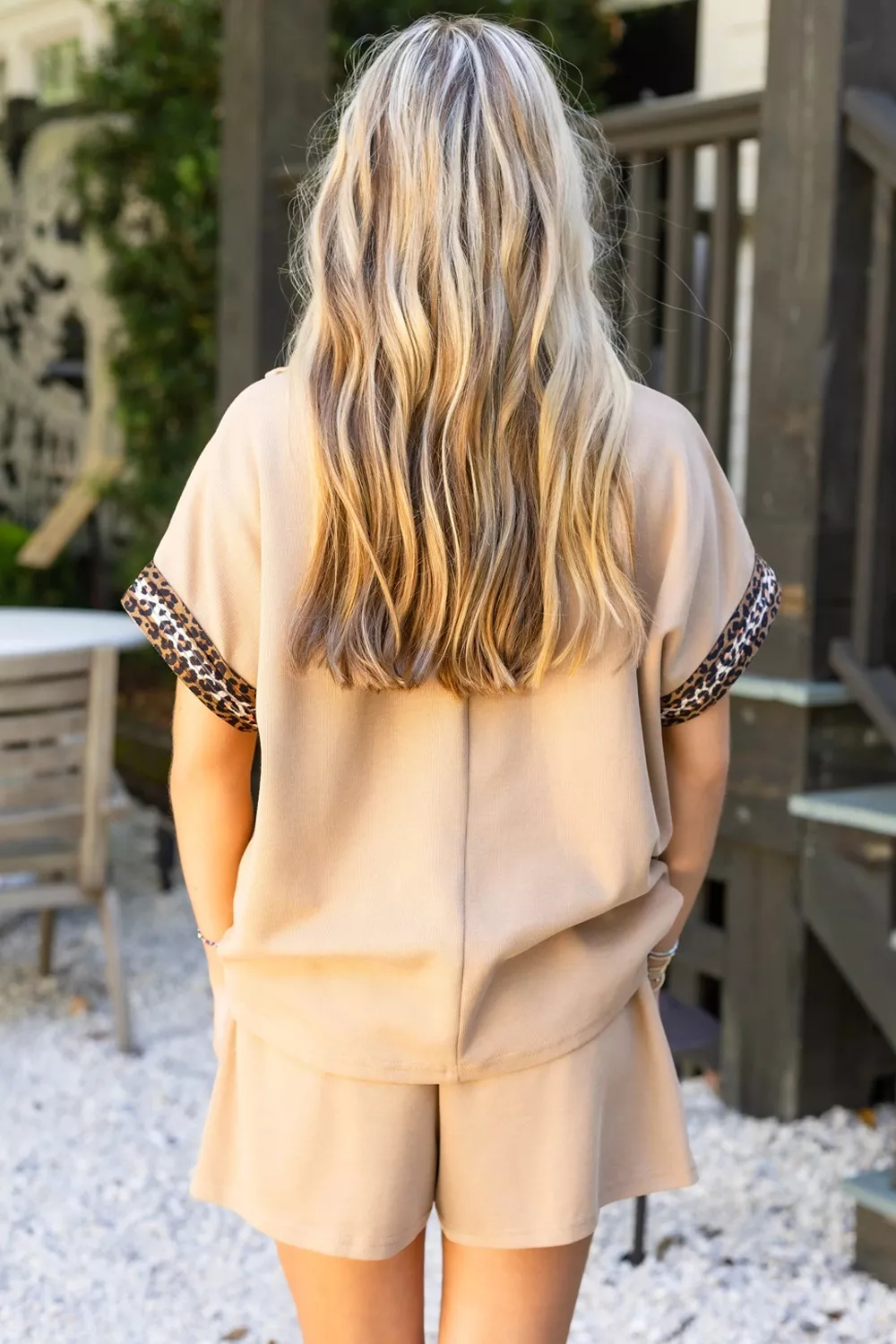 Leopard Trim Zipped Short Sleeve Casual Set - Image 2