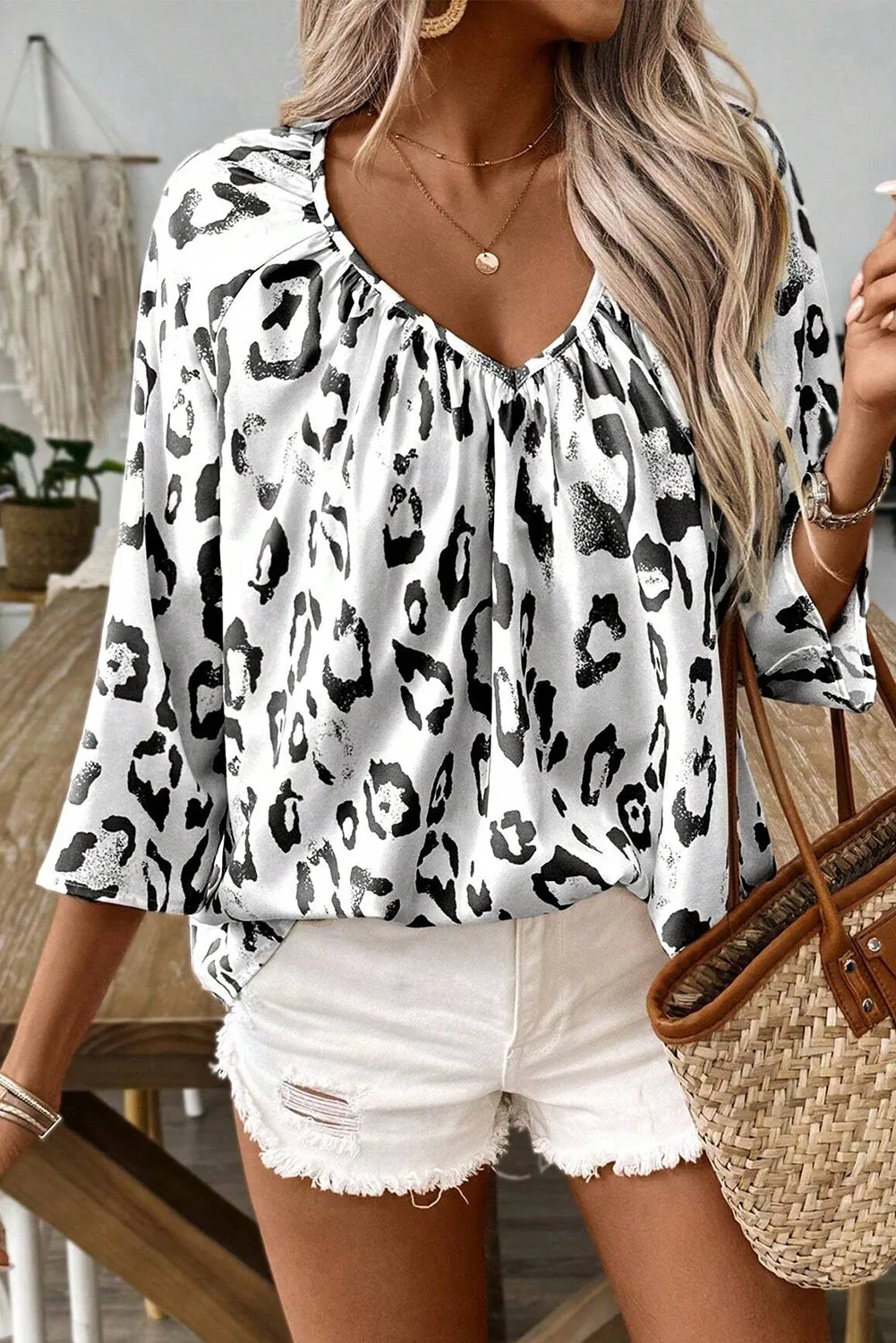 Leopard V-Neck Three-Quarter Sleeve Blouse - Image 4