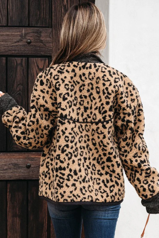 Leopard Zip-Up Stand Neck Side Pocket Jacket - Image 2