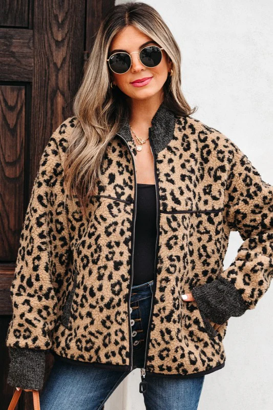 Leopard Zip-Up Stand Neck Side Pocket Jacket - Image 4