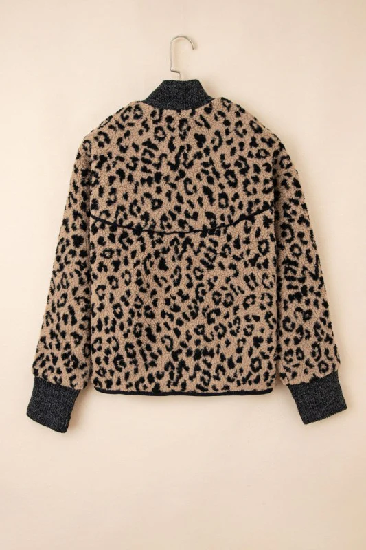 Leopard Zip-Up Stand Neck Side Pocket Jacket - Image 7