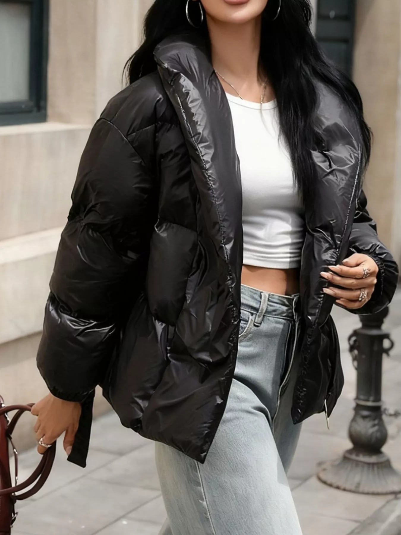 Long Sleeve Belted Puffer Jacket - Image 4