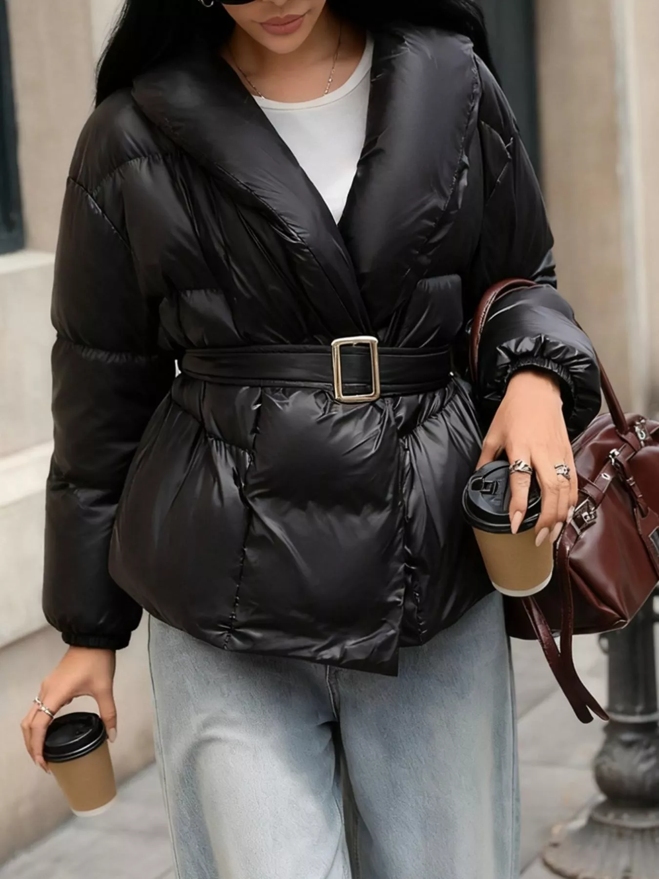 Long Sleeve Belted Puffer Jacket - Image 5