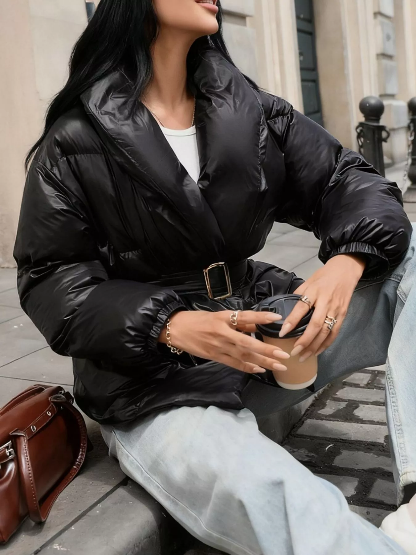 Long Sleeve Belted Puffer Jacket - Image 8