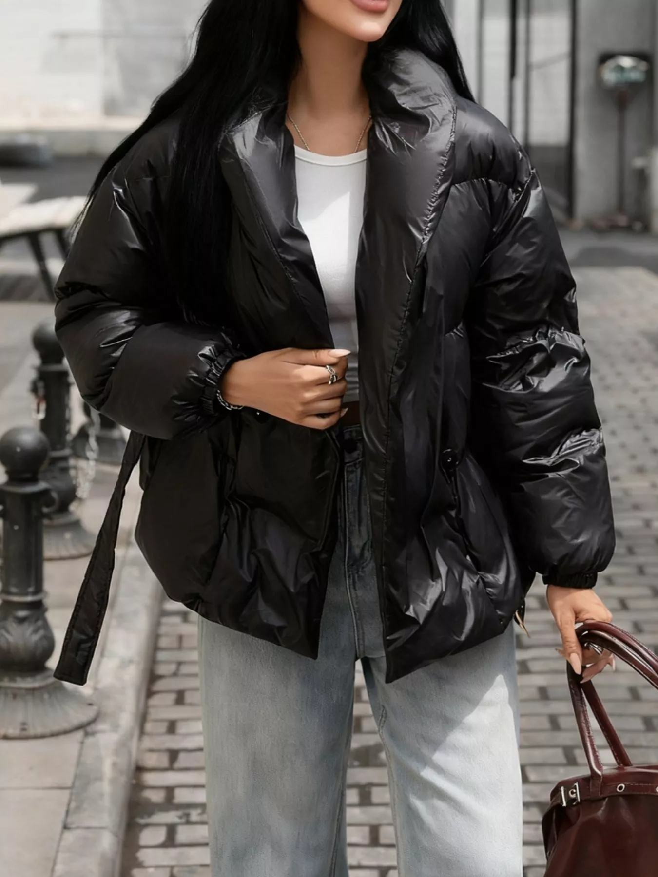 Long Sleeve Belted Puffer Jacket - Image 9