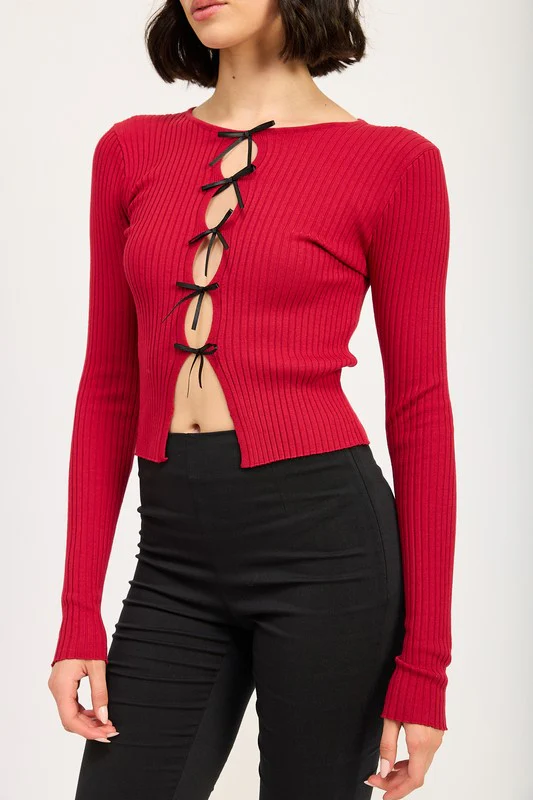 LONG SLEEVE RIBBED TOP WITH BOW DETAIL - Image 2