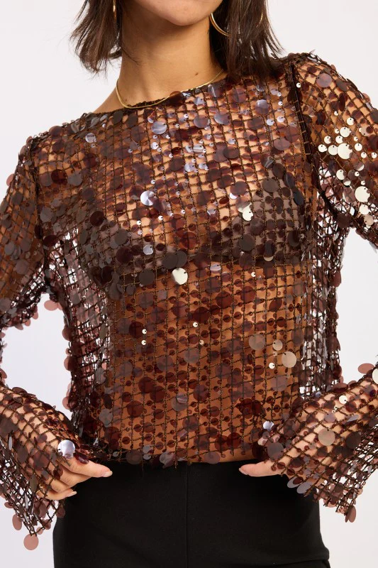LONG SLEEVE SEQUIN MESH TOP - Image 2