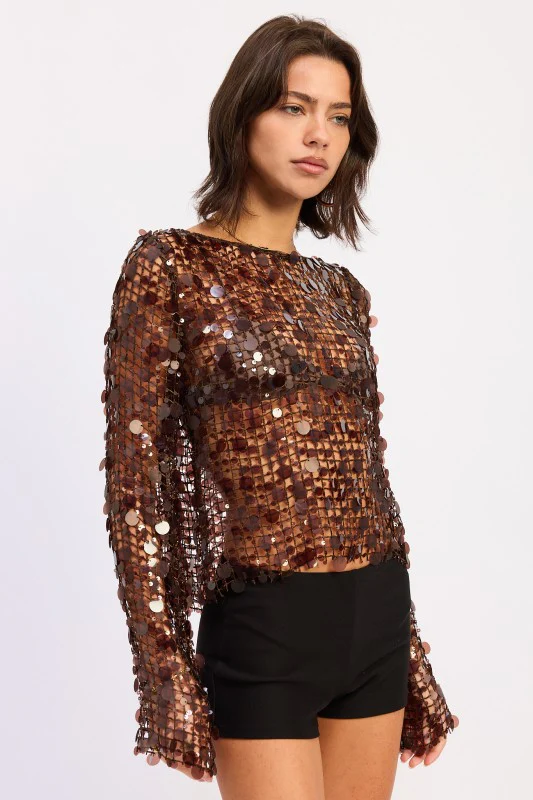 LONG SLEEVE SEQUIN MESH TOP - Image 8