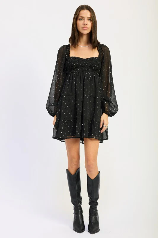 LONG SLEEVE SMOCKED BABY DOLL MINI DRESS