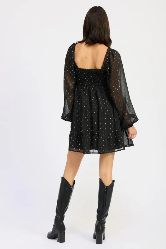 LONG SLEEVE SMOCKED BABY DOLL MINI DRESS - Image 8