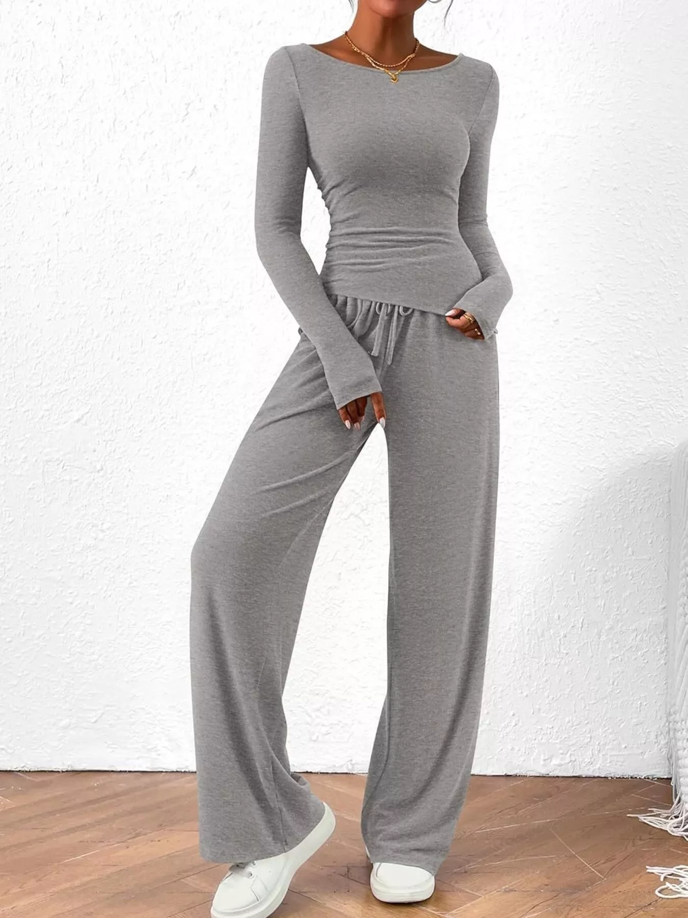 Long Sleeve Top and Wide Leg Pants Set - Image 25