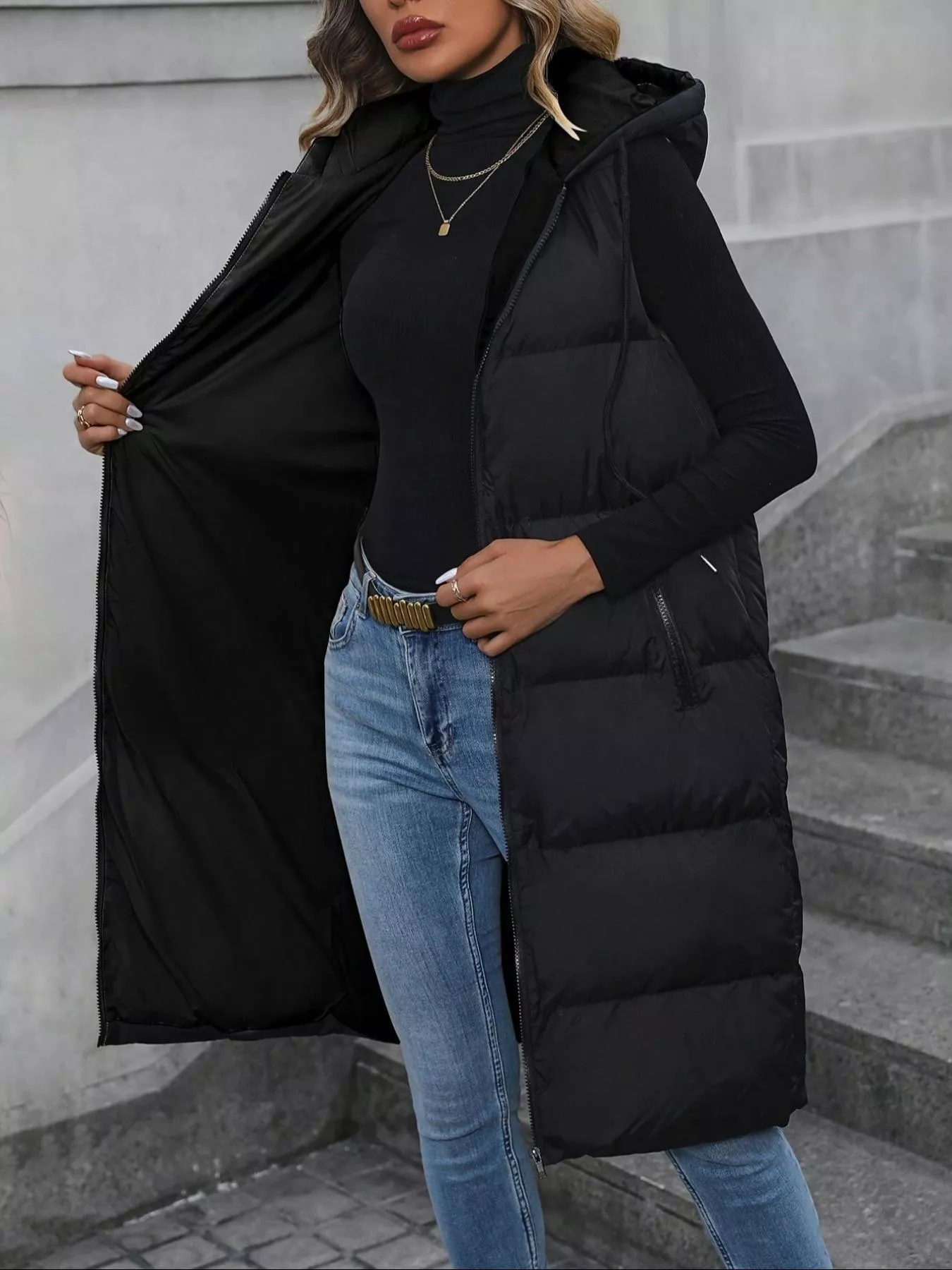 Longline Padded Hooded Vest Coat - Image 10