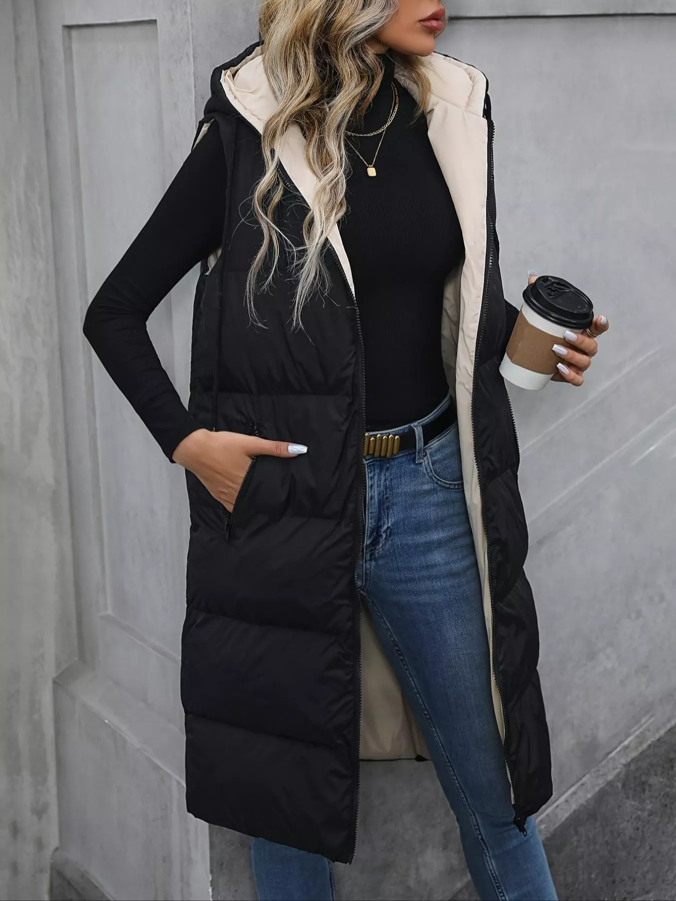 Longline Padded Hooded Vest Coat - Image 2