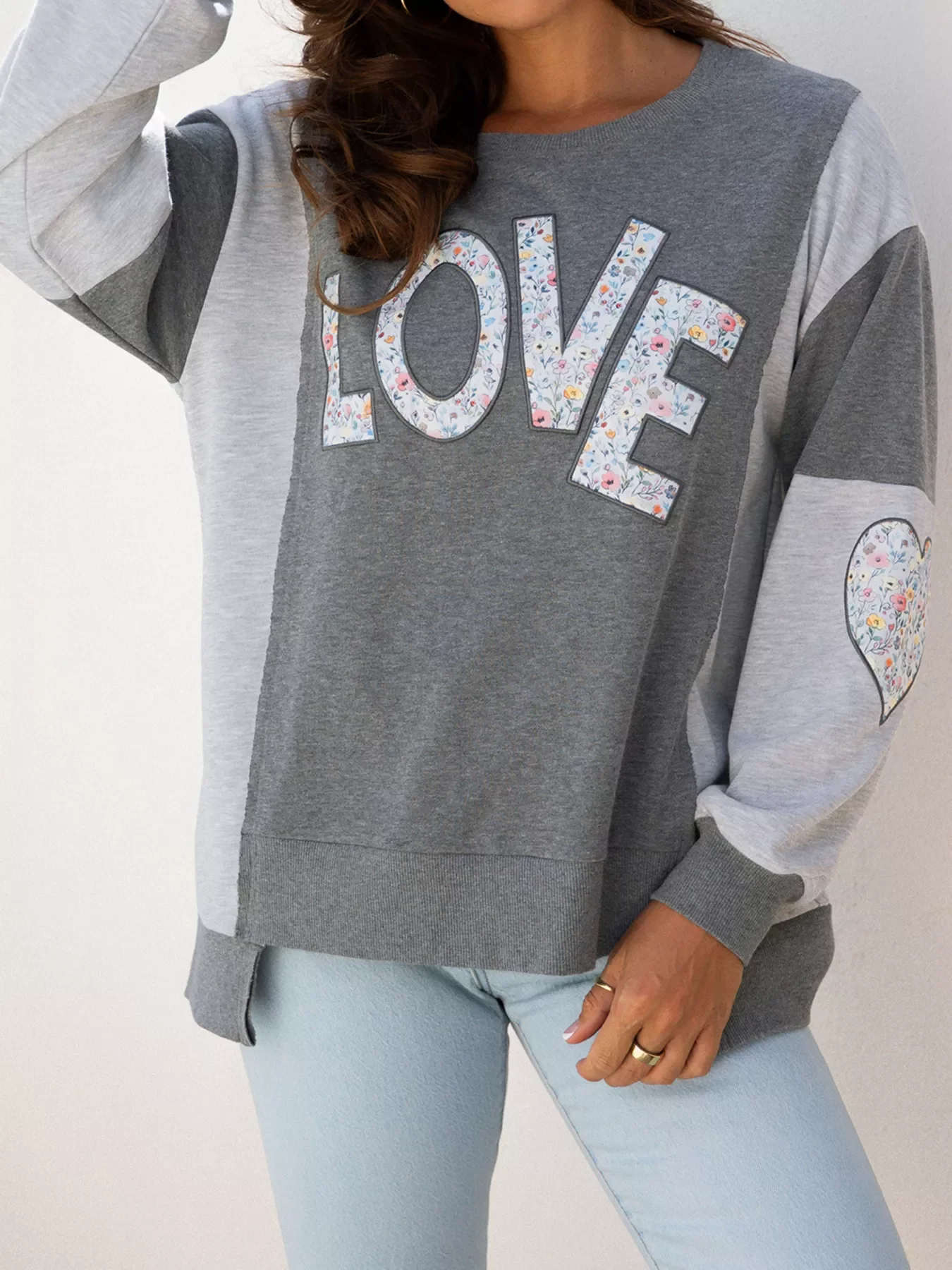 LOVE Graphic Exposed Seam Patchwork Uneven Hem Chic Sweatshirt