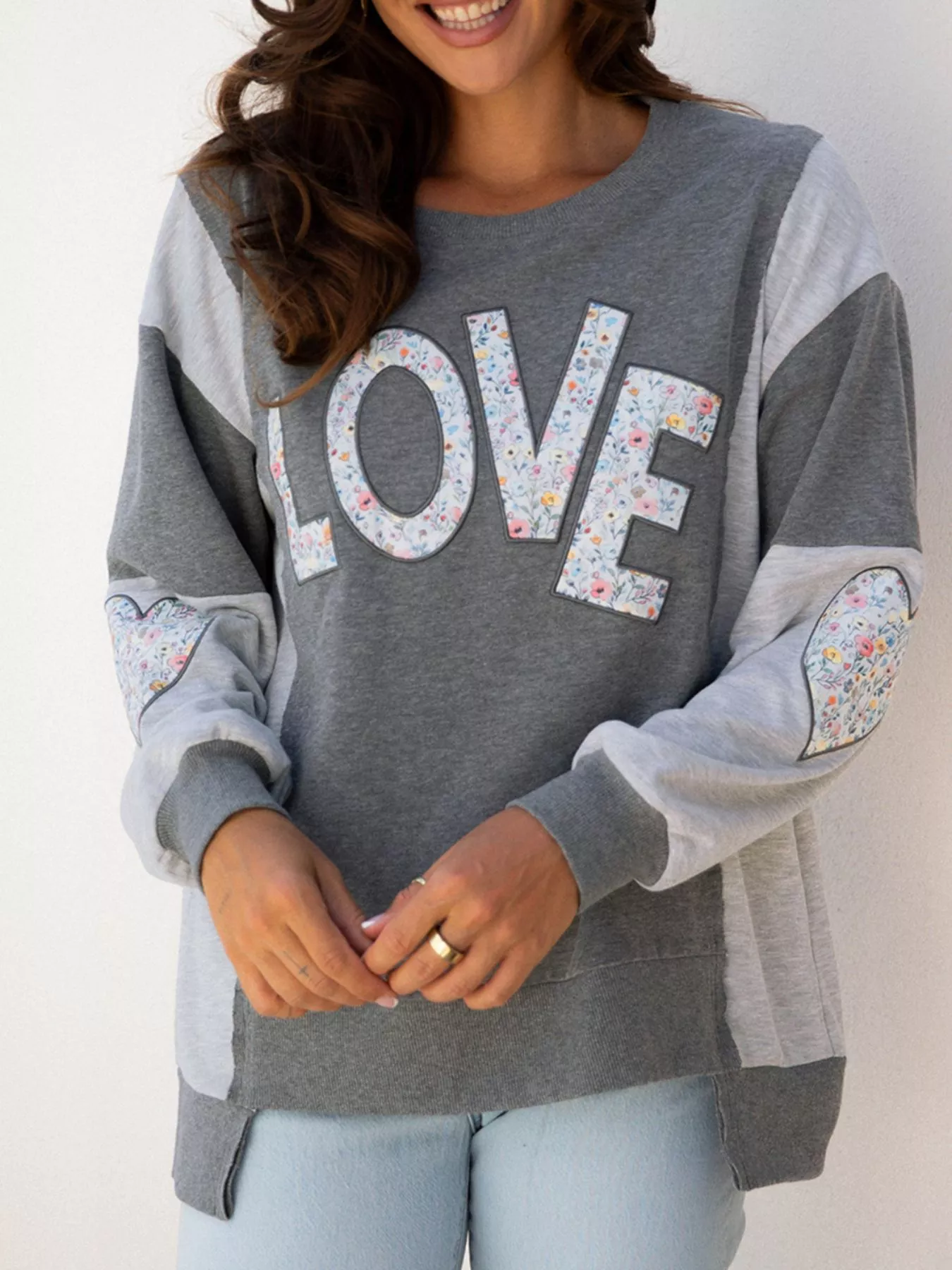 LOVE Graphic Exposed Seam Patchwork Uneven Hem Chic Sweatshirt - Image 3