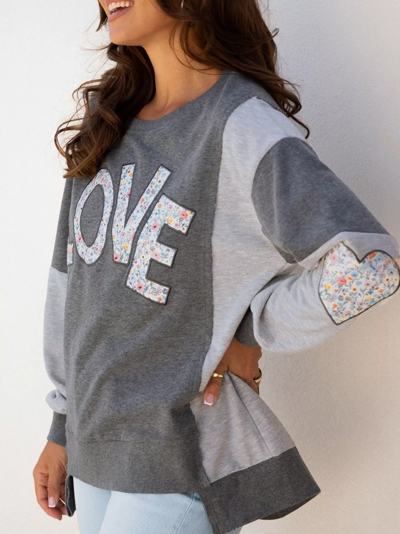 LOVE Graphic Exposed Seam Patchwork Uneven Hem Chic Sweatshirt - Image 4