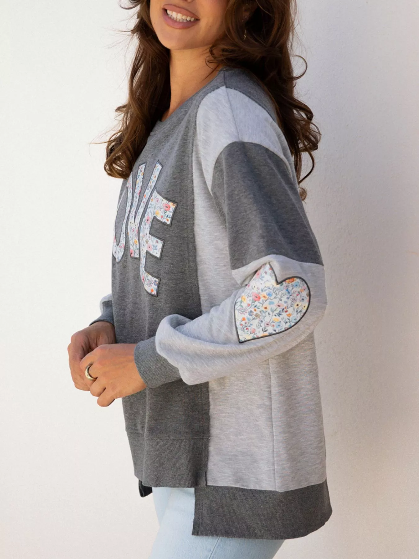 LOVE Graphic Exposed Seam Patchwork Uneven Hem Chic Sweatshirt - Image 5