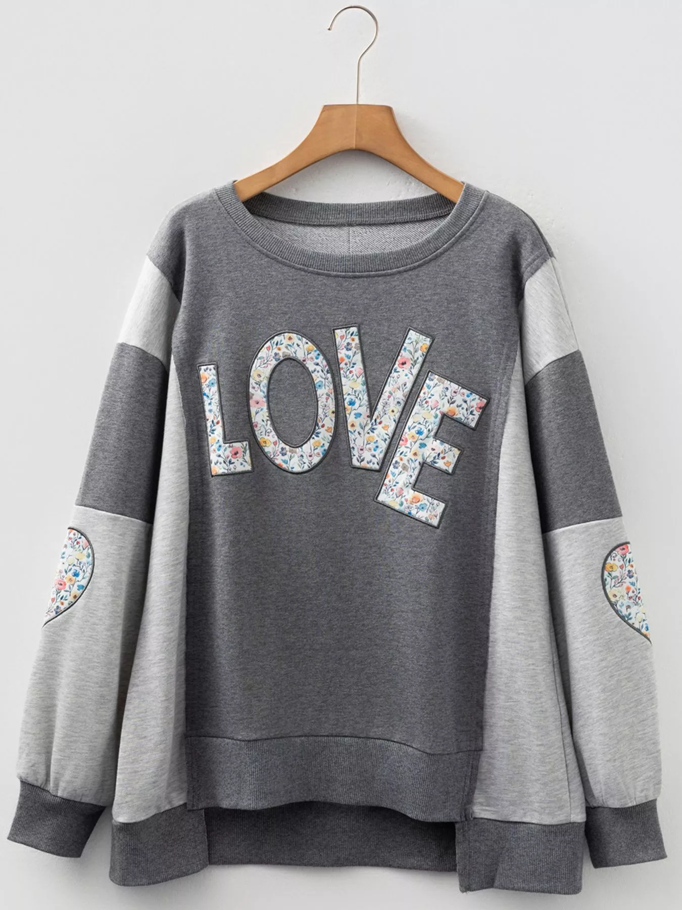 LOVE Graphic Exposed Seam Patchwork Uneven Hem Chic Sweatshirt - Image 6
